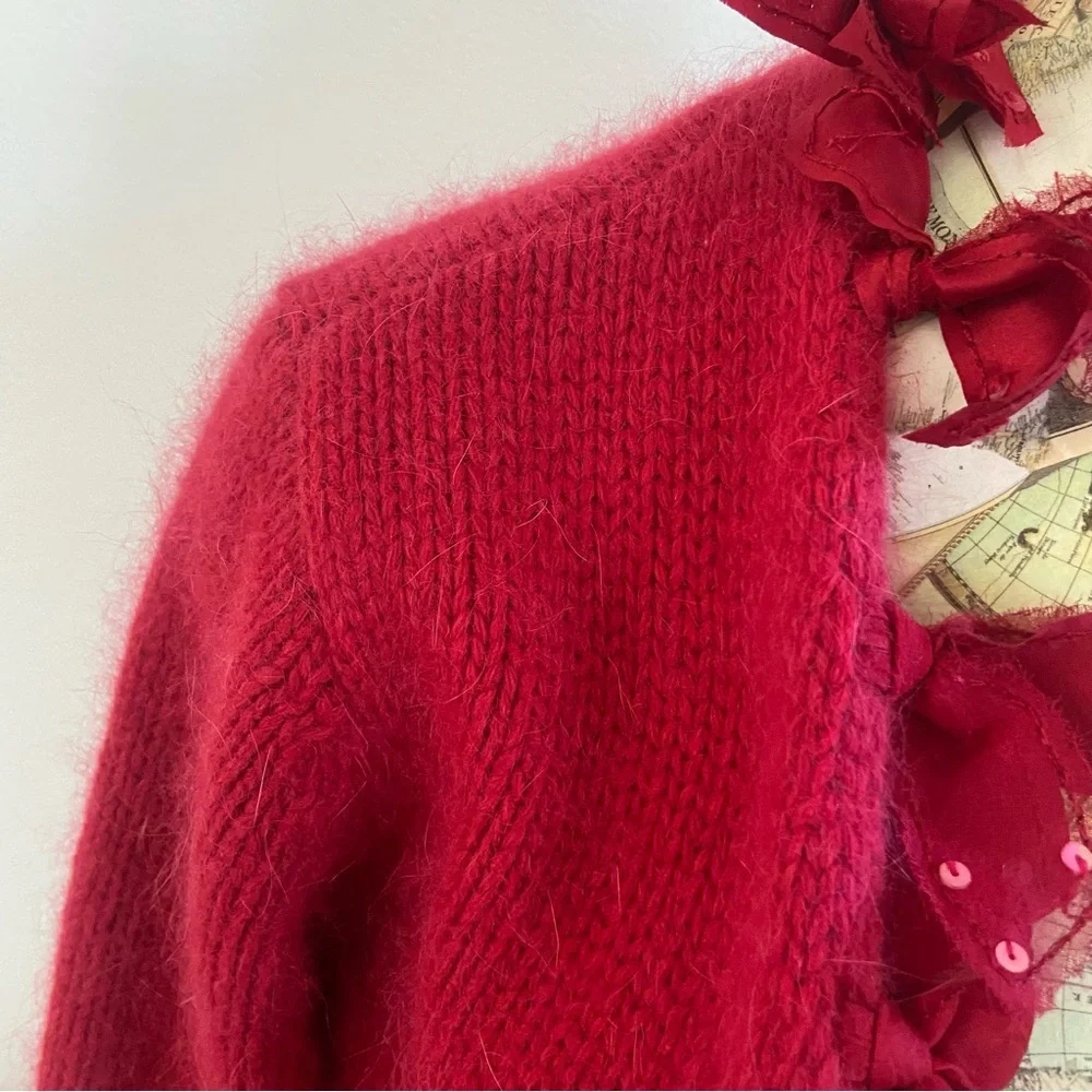 J Jill Wool + Rabbit Hair Red Cardigan with Ruffle Trim Small - Picture 5 of 9
